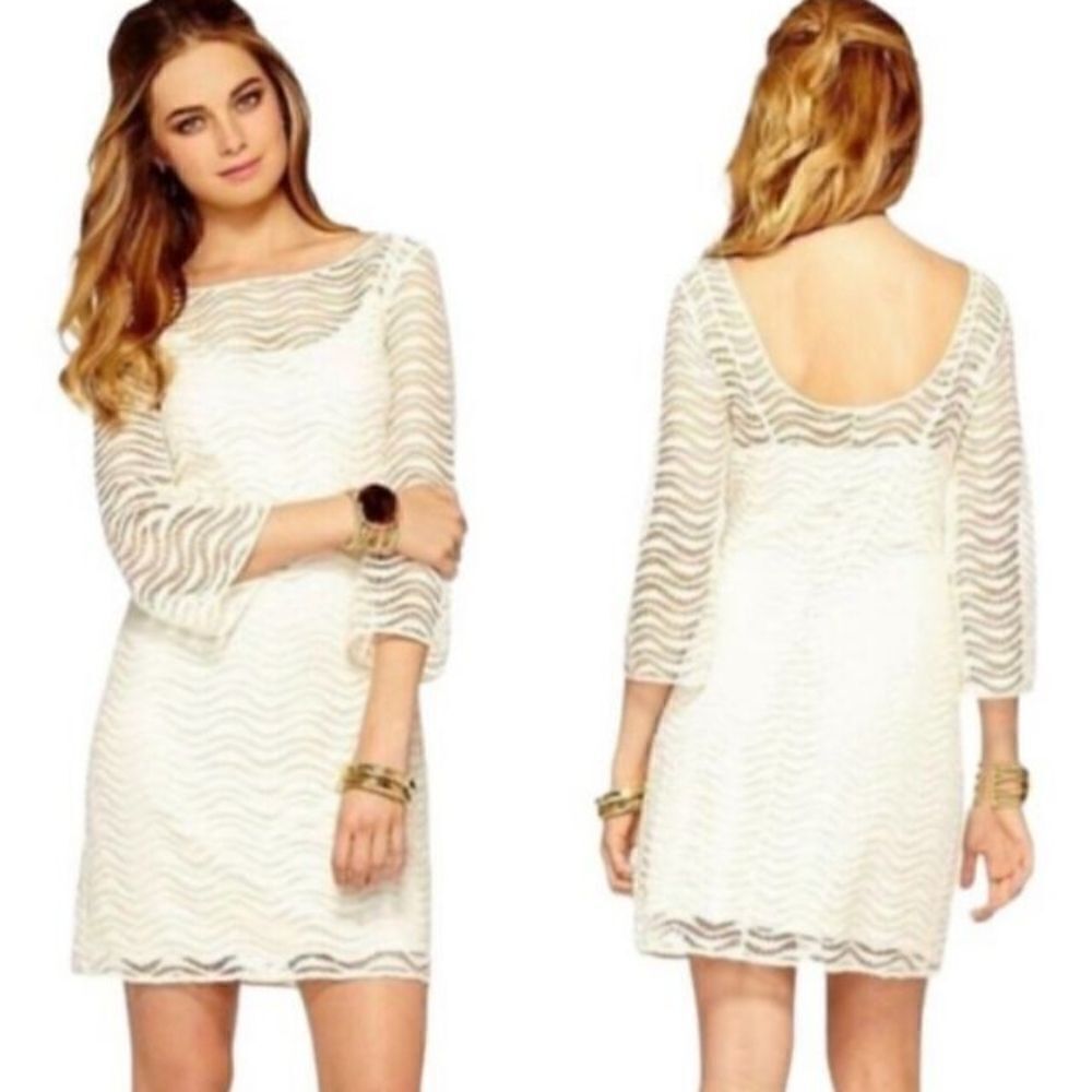 Lilly Pulitzer Topanga Dress Cameo White Wavy Knit Lace Size L NWT
